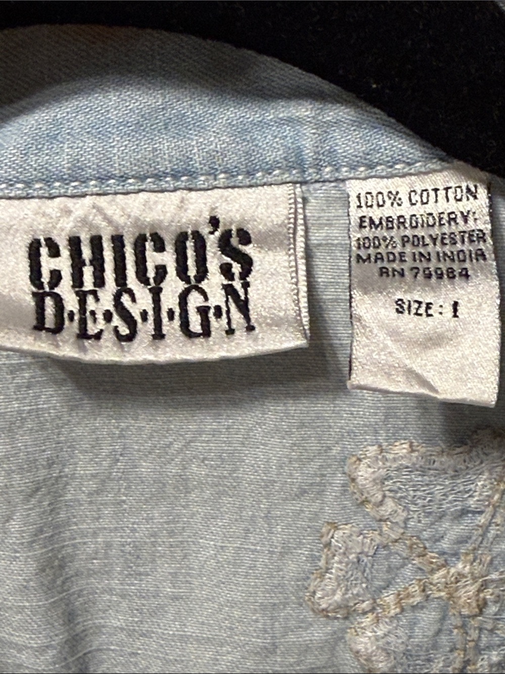 Chico's Light Blue Embroidered Denim shirt with Floral Accents - Picture 2 of 7